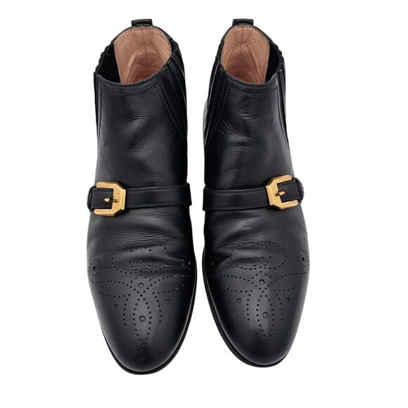 Gucci Worsh Black Leather Chelsea Ankle Boot Size 38.5 US 8.5 Gold Buckle Brogue - Picture 2 of 11